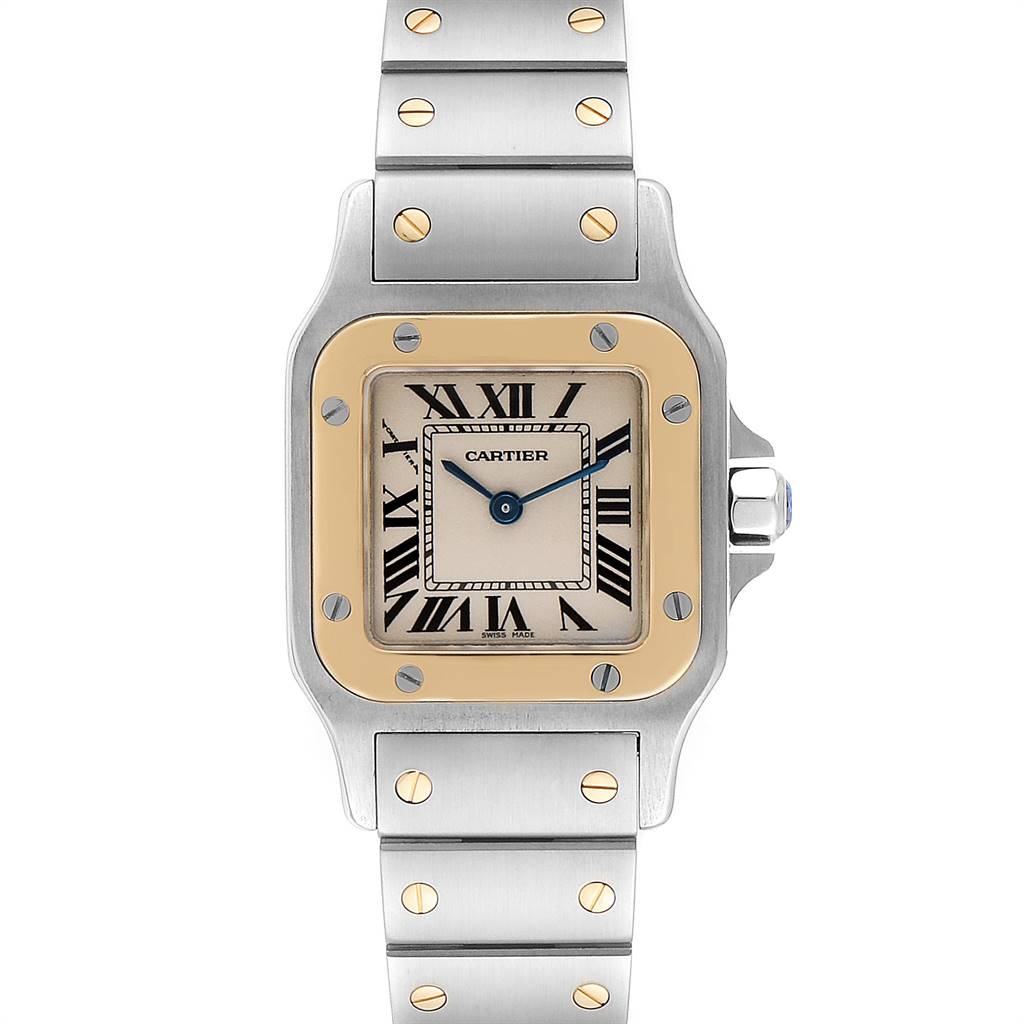 The image shows a front view of the Cartier Santos W20012C4 Stainless Steel Silver Dial W20012C4 Stainless Steel Silver Dial watch, featuring a square face with Roman numerals and a two-tone metal bracelet.