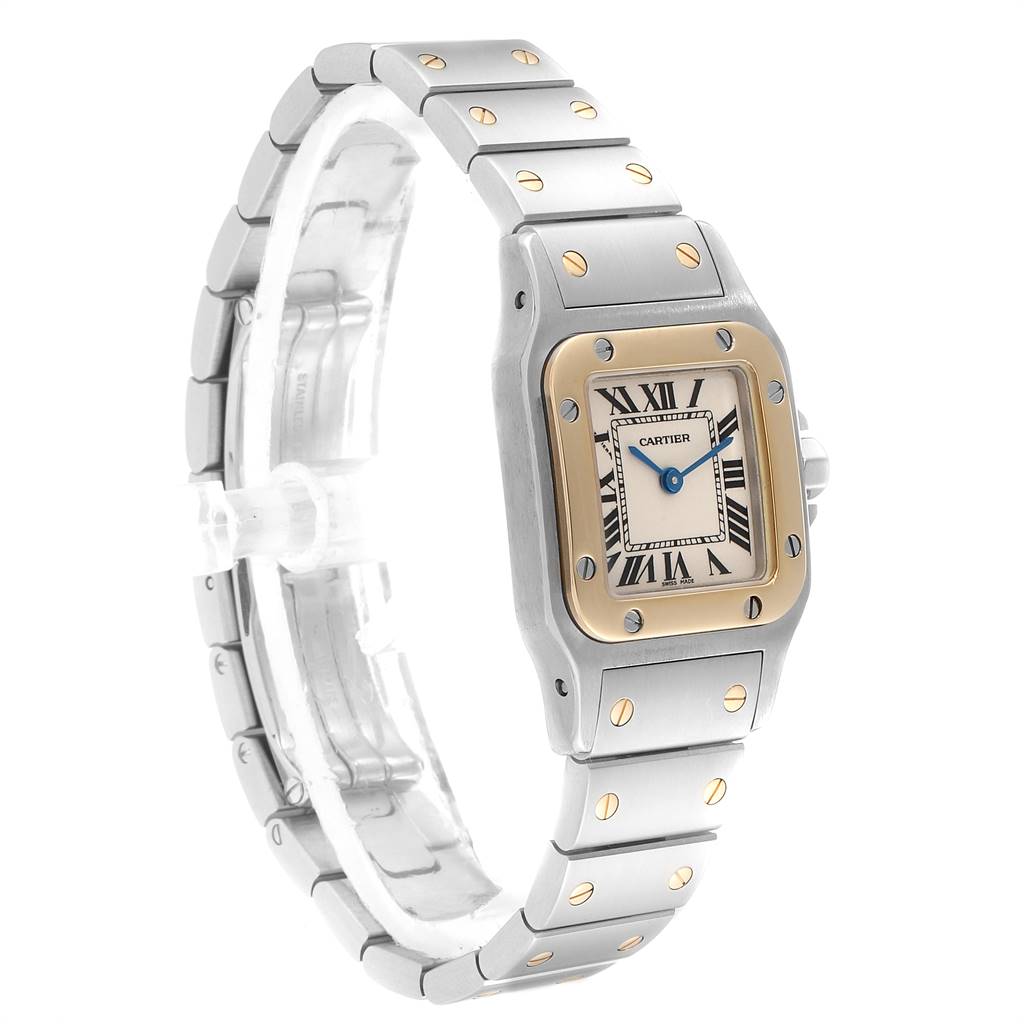 The image shows a side and front view of a Cartier Santos W20012C4 Stainless Steel Silver Dial W20012C4 Stainless Steel Silver Dial watch, highlighting the band, bezel, and dial.