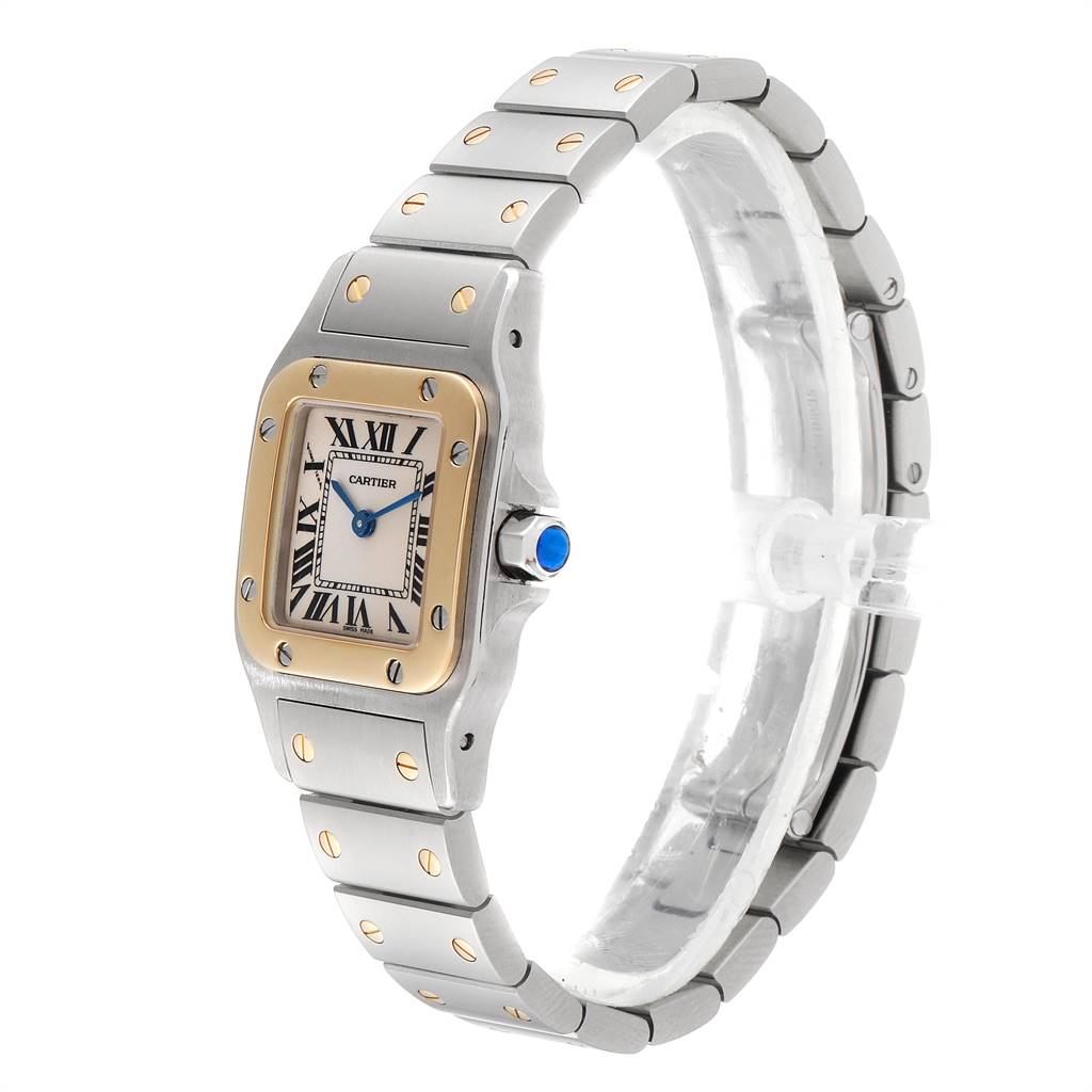 This Cartier Santos W20012C4 Stainless Steel Silver Dial W20012C4 Stainless Steel Silver Dial watch is shown at a three-quarter angle, highlighting its face, bracelet, and crown.