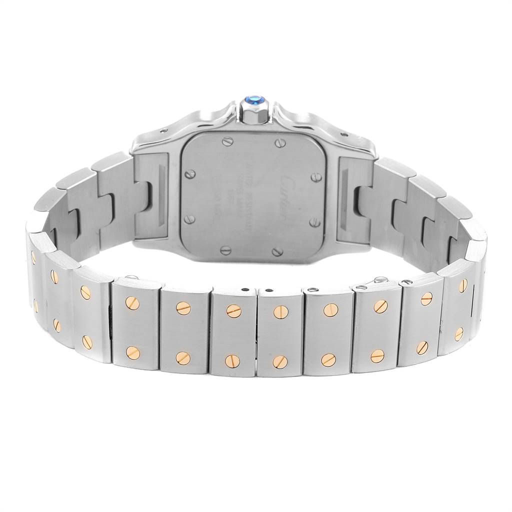 The image shows the back view of a Cartier Santos W20012C4 Stainless Steel Silver Dial W20012C4 Stainless Steel Silver Dial watch, displaying its metal bracelet and case back.