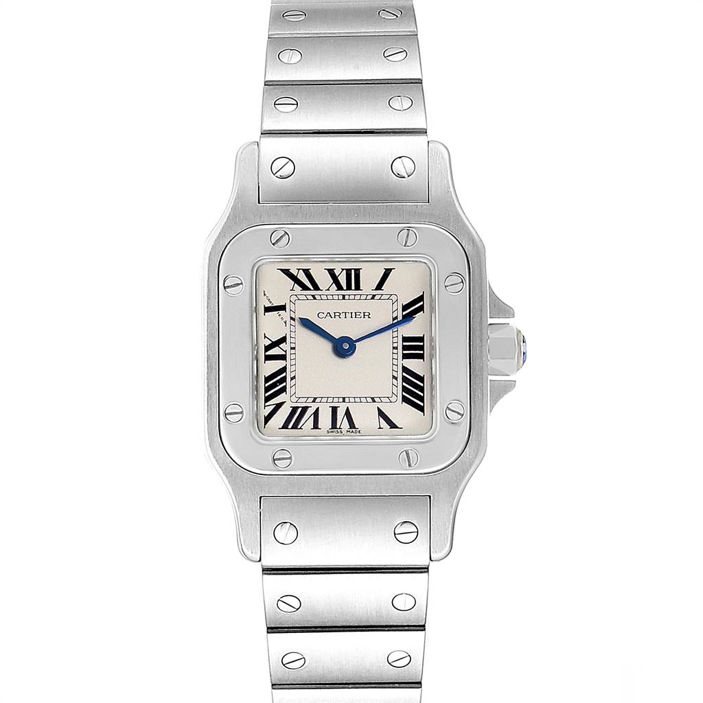 The image shows a front view of the Cartier Santos W20056D6 Women's Stainless Steel Silver Dial W20056D6 Women's Stainless Steel Silver Dial watch, highlighting its square face, Roman numerals, and metal bracelet.