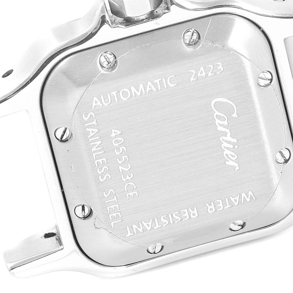 The image shows the back case of a Cartier Santos W20044D6 Women's Stainless Steel Silver Dial W20044D6 Women's Stainless Steel Silver Dial watch, displaying details like "AUTOMATIC," "STAINLESS STEEL," and "WATER RESISTANT."