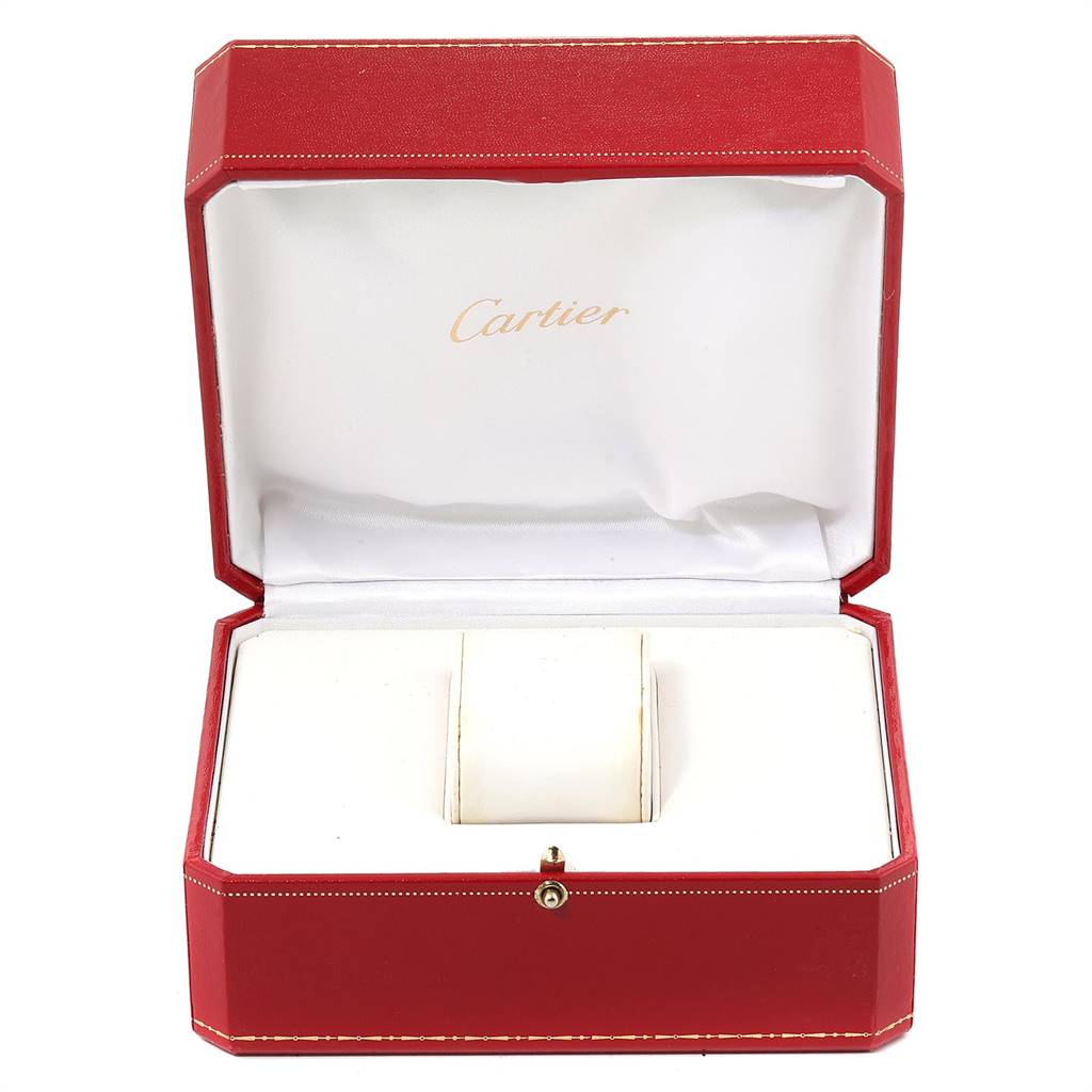 This image shows a Cartier Santos W20044D6 Women's Stainless Steel Silver Dial W20044D6 Women's Stainless Steel Silver Dial watch box in an open position, angled to reveal the inner watch holder and the Cartier logo.