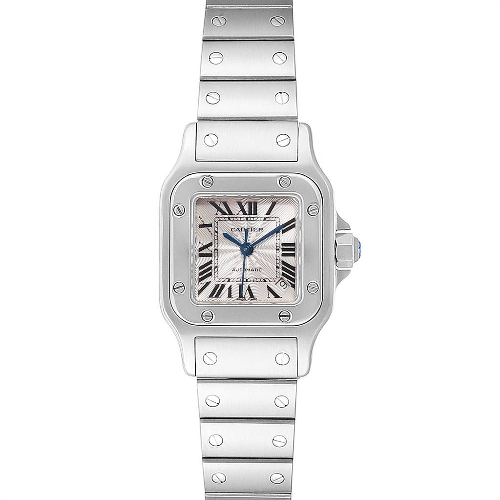 The image shows a front view of a Cartier Santos W20044D6 Women's Stainless Steel Silver Dial W20044D6 Women's Stainless Steel Silver Dial watch, highlighting its square face, Roman numerals, and metal bracelet.