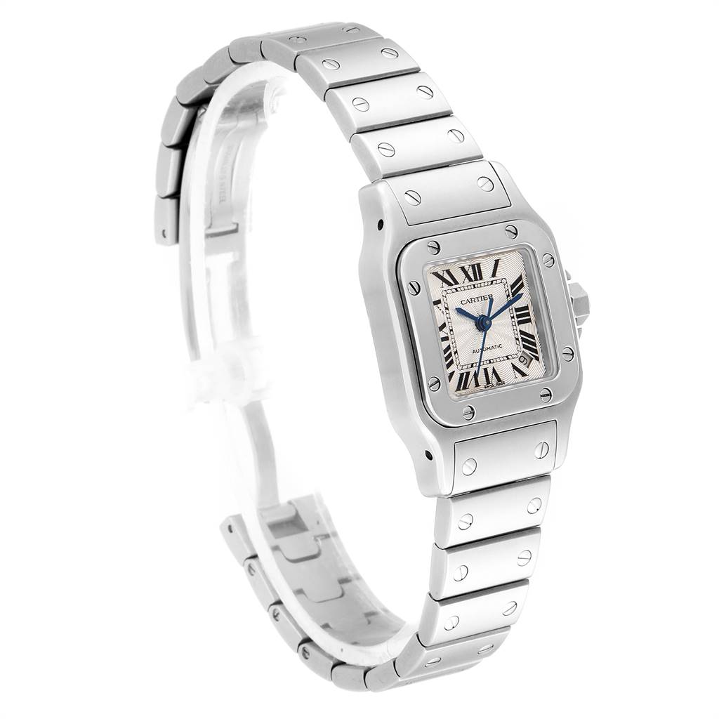 The image shows a side view of a Cartier Santos W20044D6 Women's Stainless Steel Silver Dial W20044D6 Women's Stainless Steel Silver Dial watch, highlighting its face, bezel, and bracelet.