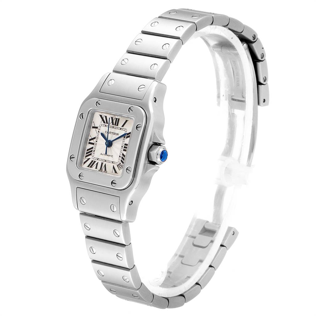 The image shows a Cartier Santos W20044D6 Women's Stainless Steel Silver Dial W20044D6 Women's Stainless Steel Silver Dial watch from an angled side view, highlighting the face, bezel, crown, and bracelet.