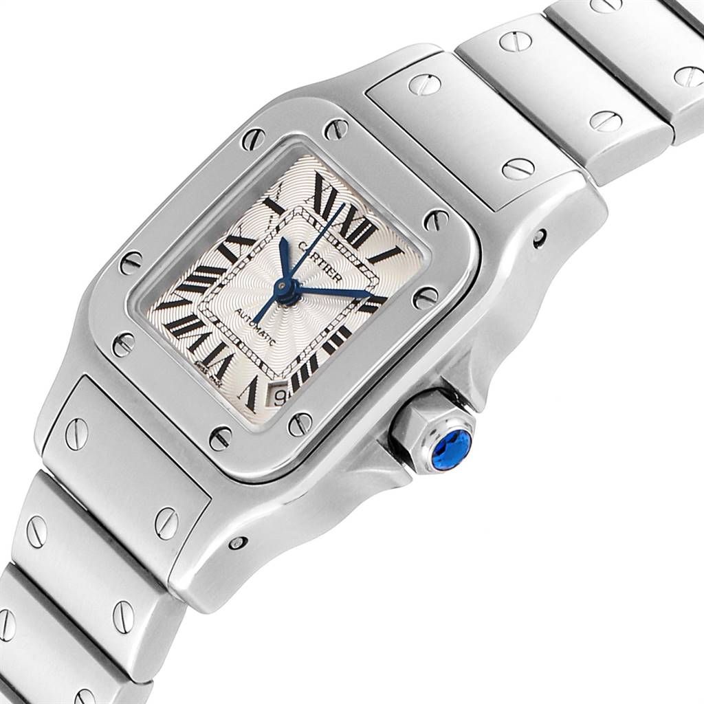 This image shows a close-up angle of the Cartier Santos W20044D6 Women's Stainless Steel Silver Dial W20044D6 Women's Stainless Steel Silver Dial watch, highlighting the face, bezel, and part of the bracelet.