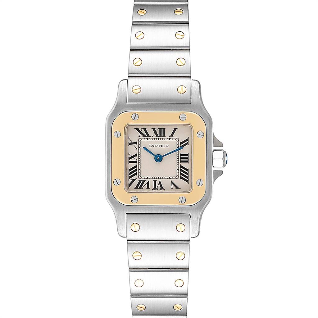 This image shows a front view of a Cartier Santos W20012C4 Women's Stainless Steel Silver Dial W20012C4 Women's Stainless Steel Silver Dial watch, showcasing the face, bezel, and bracelet.