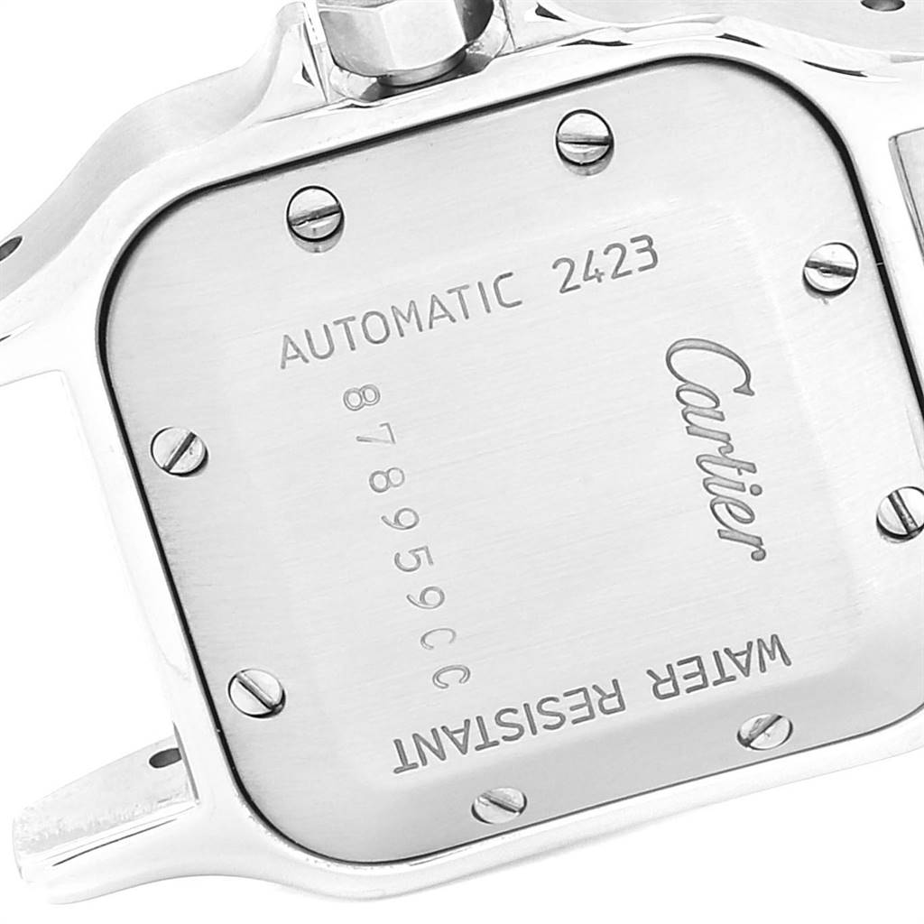 The image shows the back case of a Cartier Santos W20057C4 Women's Stainless Steel Silver Dial W20057C4 Women's Stainless Steel Silver Dial watch, highlighting the automatic movement and water resistance details.