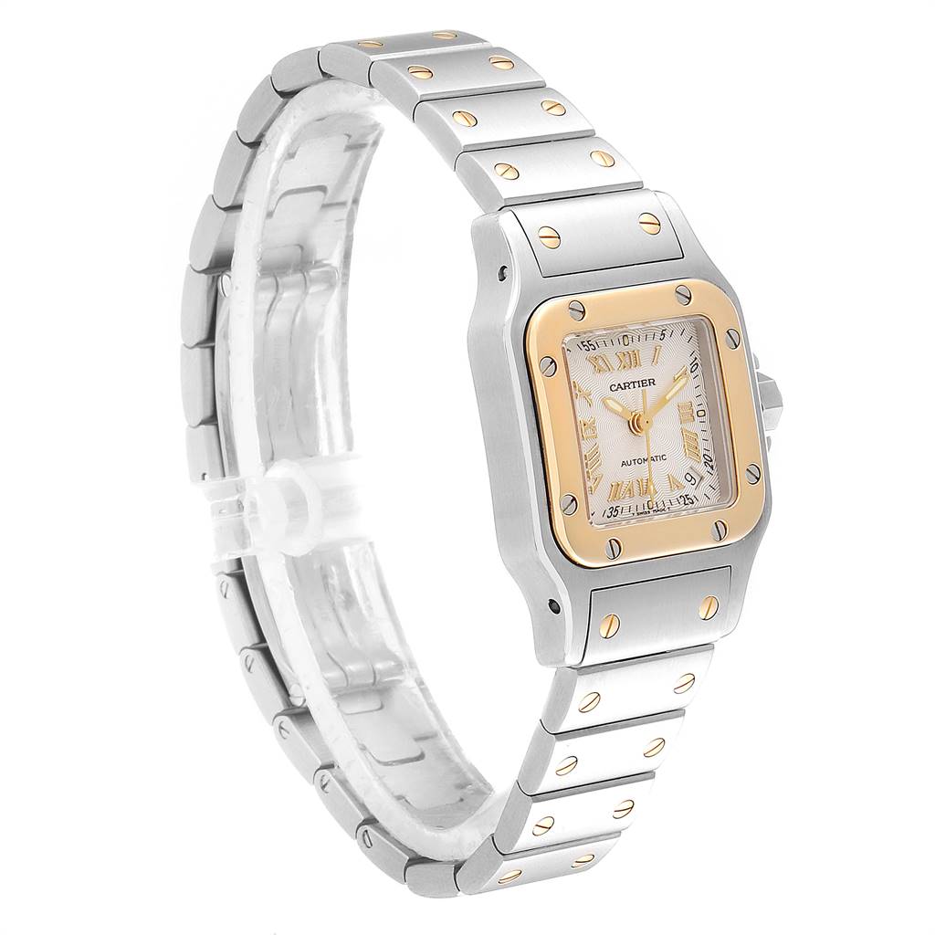 The Santos model by Cartier is shown at an angle with the face, bezel, and part of the bracelet visible.