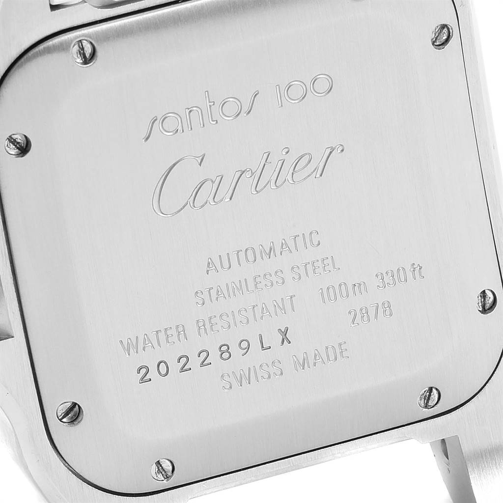 This image shows the case back of a Cartier Santos W20129U2 Women's Stainless Steel Silver Dial W20129U2 Women's Stainless Steel Silver Dial 100 watch, highlighting its branding, model information, and specifications.