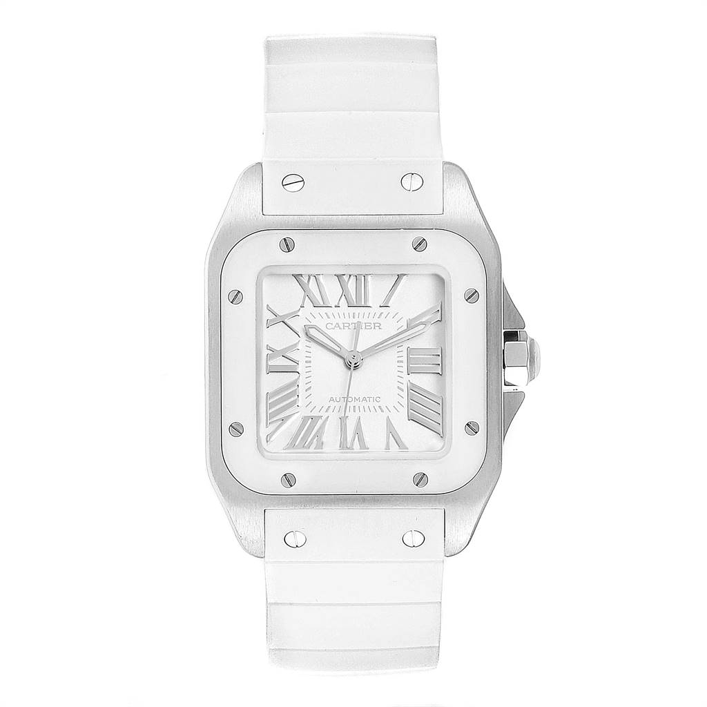 This image shows a front view of the Santos model by Cartier, displaying its dial, bezel, case, and white strap.