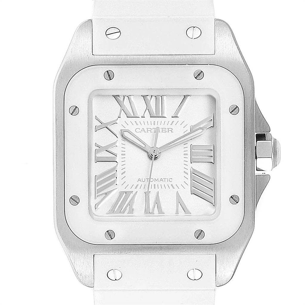 This image shows a front view of the Cartier Santos W20129U2 Women's Stainless Steel Silver Dial W20129U2 Women's Stainless Steel Silver Dial watch, displaying the dial, bezel, screws, and part of the strap.