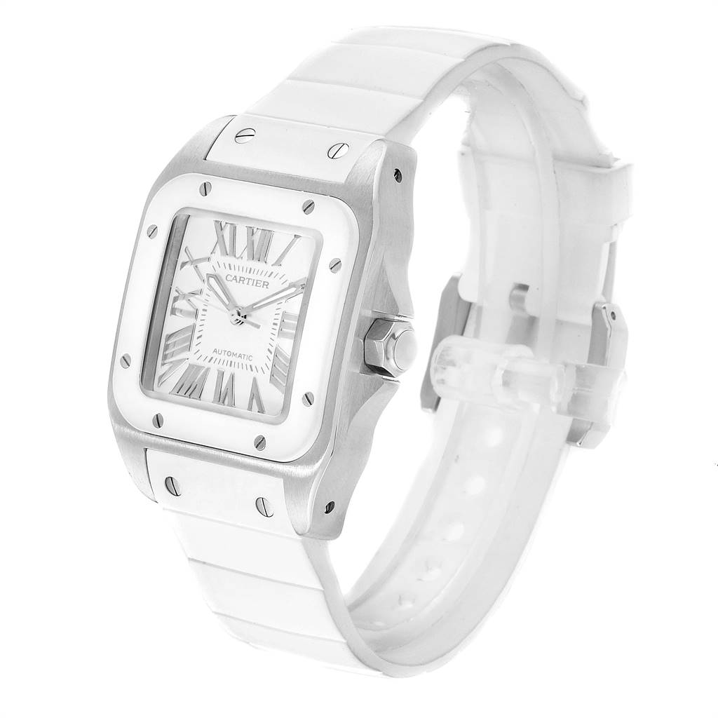 The image shows a Cartier Santos W20129U2 Women's Stainless Steel Silver Dial W20129U2 Women's Stainless Steel Silver Dial watch at an angled side view, highlighting its face, bezel, and band.