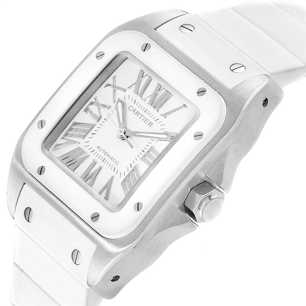 This image shows a close-up angle of a Cartier Santos W20129U2 Women's Stainless Steel Silver Dial W20129U2 Women's Stainless Steel Silver Dial watch, highlighting its white dial, Roman numerals, and stainless steel bezel.