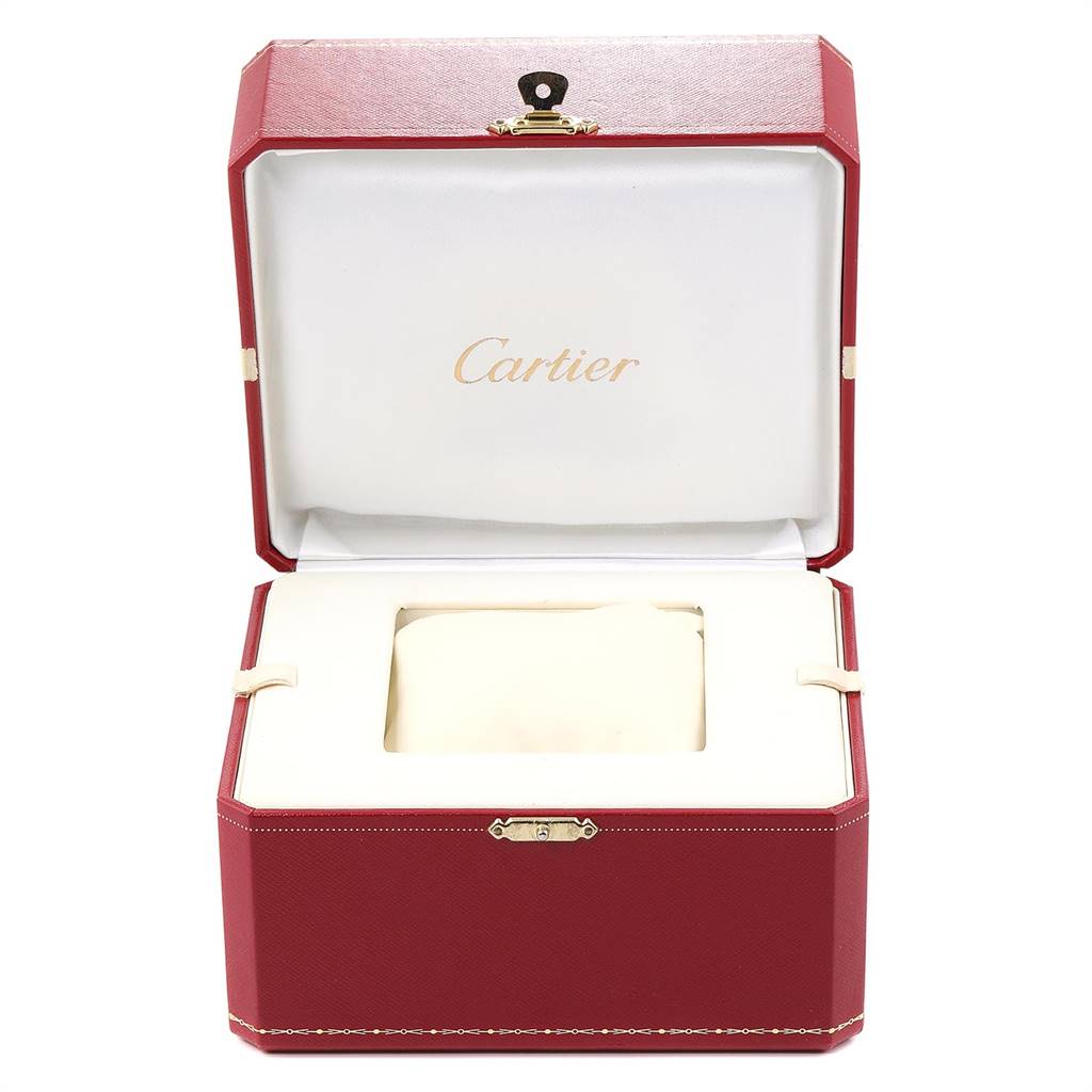 This image shows an open Cartier Santos W20129U2 Women's Stainless Steel Silver Dial W20129U2 Women's Stainless Steel Silver Dial watch box, highlighting the interior cushion and Cartier branding.