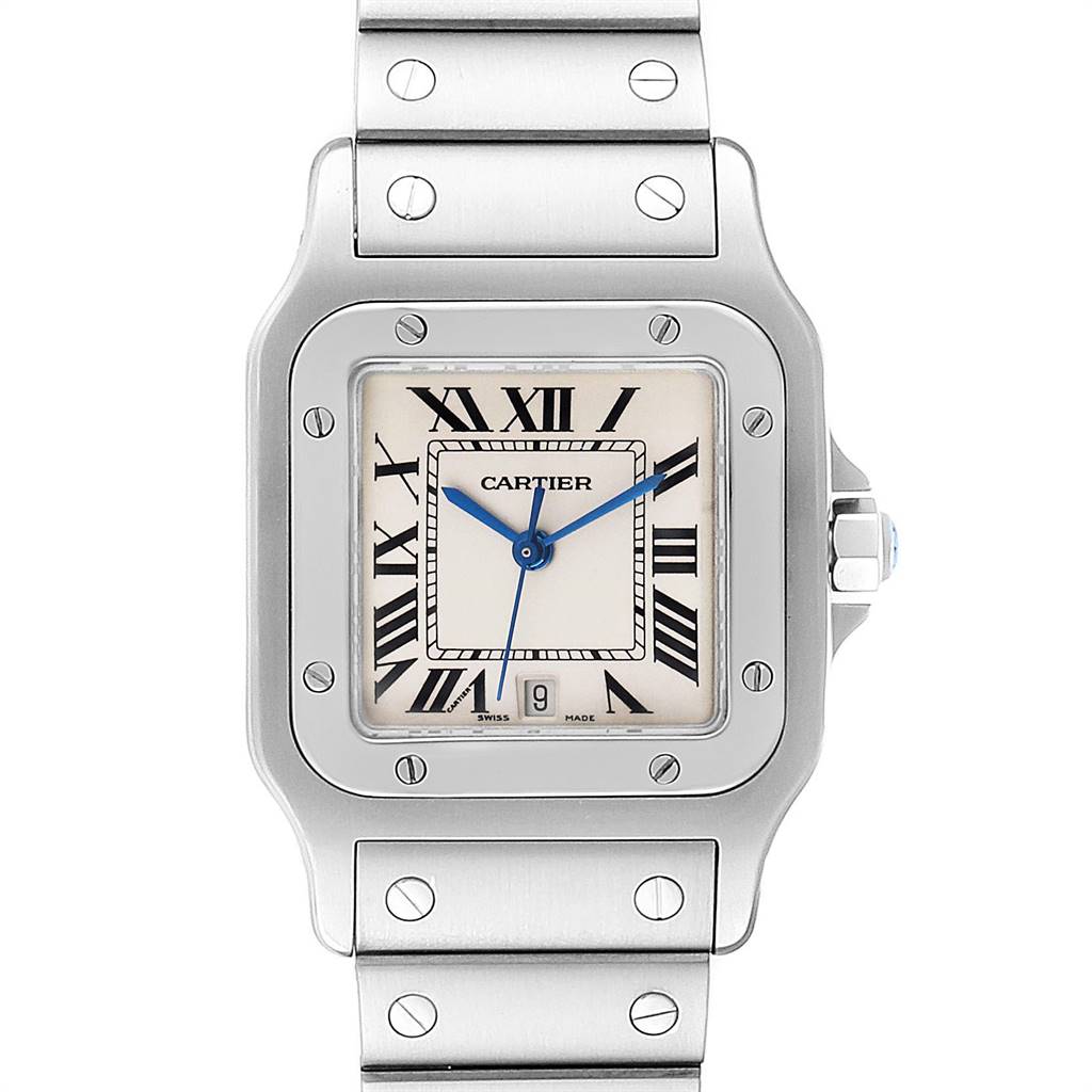The Cartier Santos W20060D6 Stainless Steel Silver Dial W20060D6 Stainless Steel Silver Dial watch is depicted from a front view, showcasing its face, bezel, and part of the band.