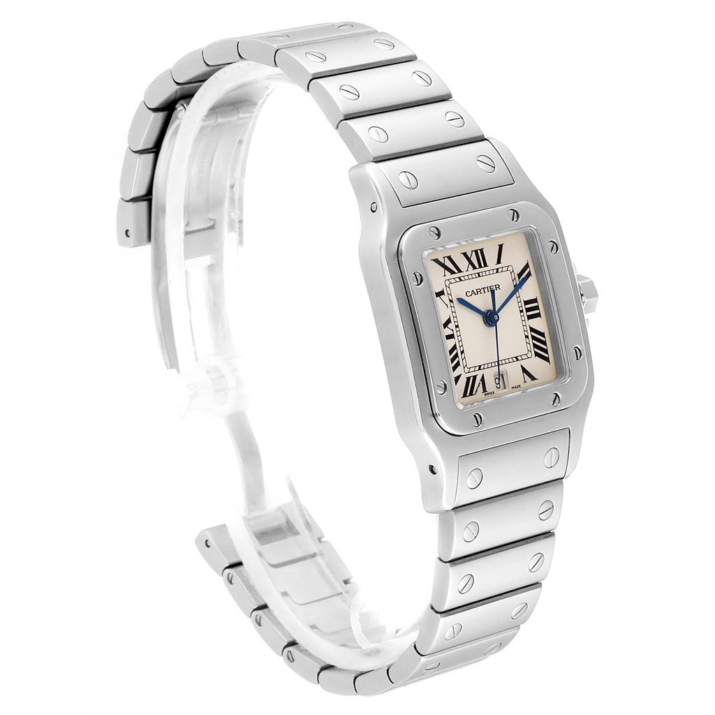 The image shows a Cartier Santos W20060D6 Stainless Steel Silver Dial W20060D6 Stainless Steel Silver Dial watch angled to display its face, bezel, and bracelet.