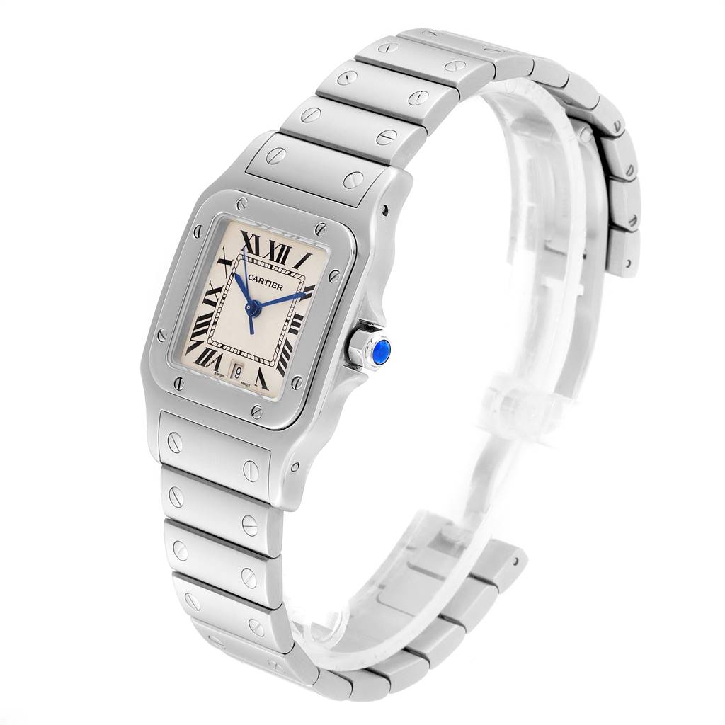 The image shows a Cartier Santos W20060D6 Stainless Steel Silver Dial W20060D6 Stainless Steel Silver Dial watch from an angled front view, highlighting its face, bezel, and metal bracelet.