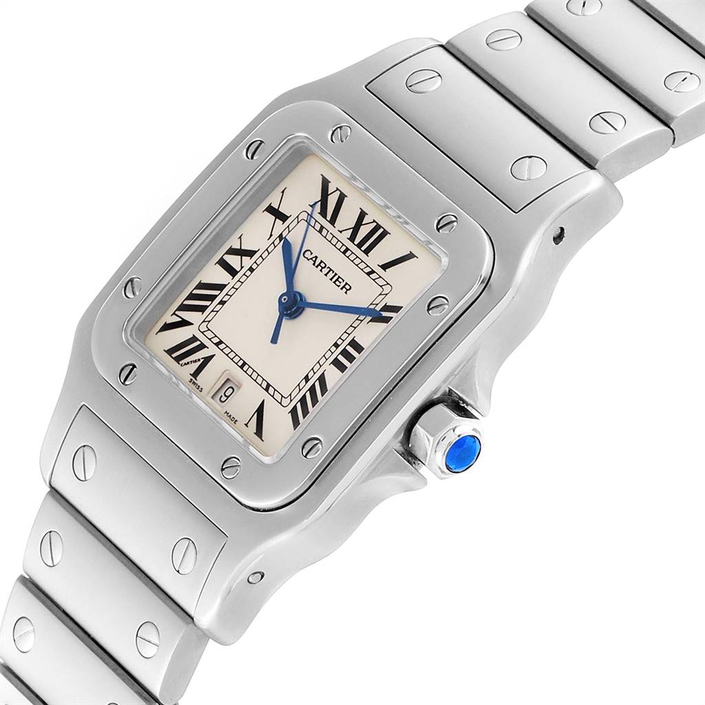 The Cartier Santos W20060D6 Stainless Steel Silver Dial W20060D6 Stainless Steel Silver Dial watch is shown from a three-quarter angle, displaying the face, bezel, crown, and part of the bracelet.