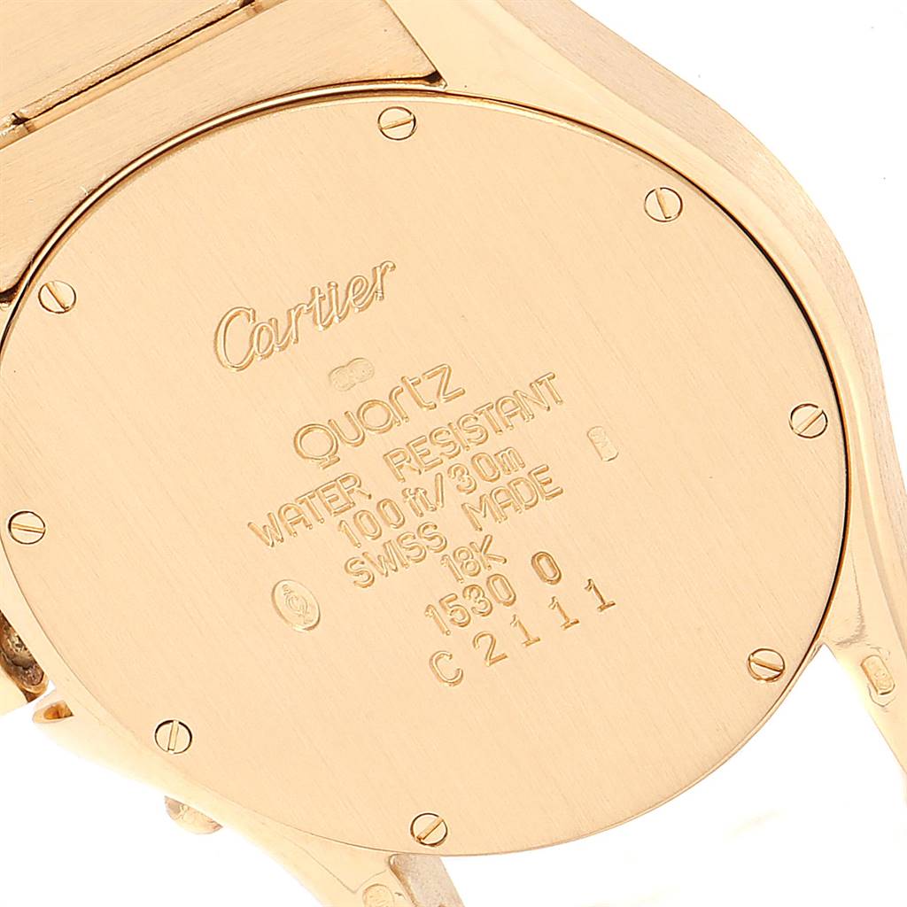 The image shows the back of a Cartier Santos W15078G1 Steel and Gold (two tone) Blue Dial W15078G1 Steel and Gold (two tone) Blue Dial watch, highlighting its material, water resistance, and model information.