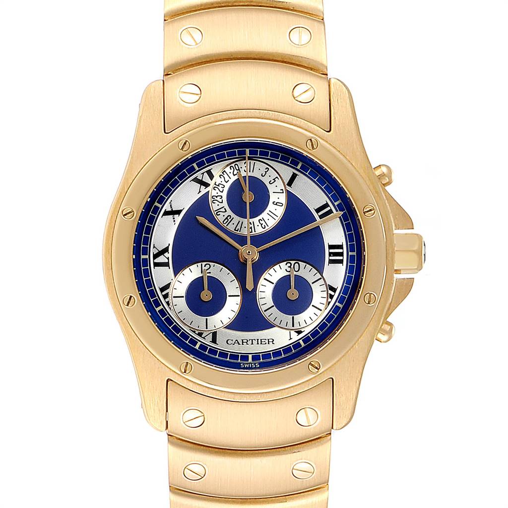 This image shows a front view of a Cartier Santos W15078G1 Steel and Gold (two tone) Blue Dial W15078G1 Steel and Gold (two tone) Blue Dial watch, featuring a gold case, blue and silver dial, and metal bracelet.