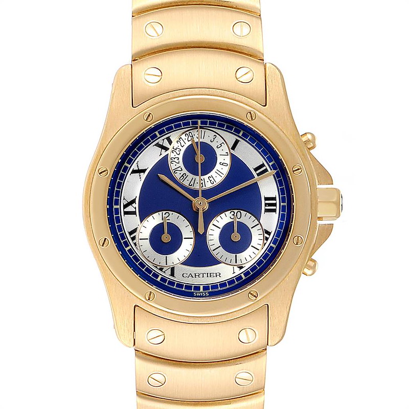 Cartier Santos Ronde Chronograph Blue Dial Yellow Gold Watch W15078G1 SwissWatchExpo