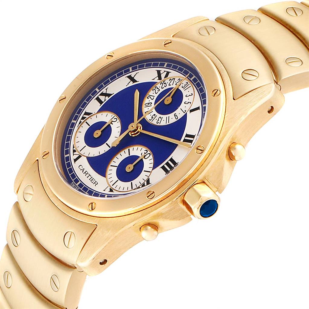 The image shows a Cartier Santos W15078G1 Steel and Gold (two tone) Blue Dial W15078G1 Steel and Gold (two tone) Blue Dial watch from a side angle, highlighting the gold case, blue dial, and part of the bracelet.