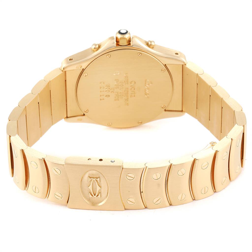 The image shows the back of a Cartier Santos W15078G1 Steel and Gold (two tone) Blue Dial W15078G1 Steel and Gold (two tone) Blue Dial watch, highlighting its gold case and bracelet.