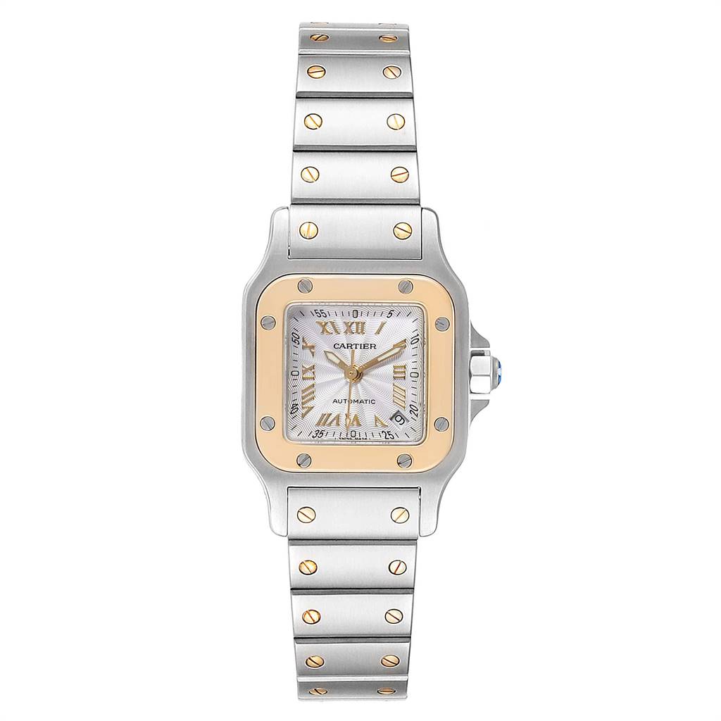 This image shows a front view of a Santos model by Cartier, featuring the watch face and metal bracelet.