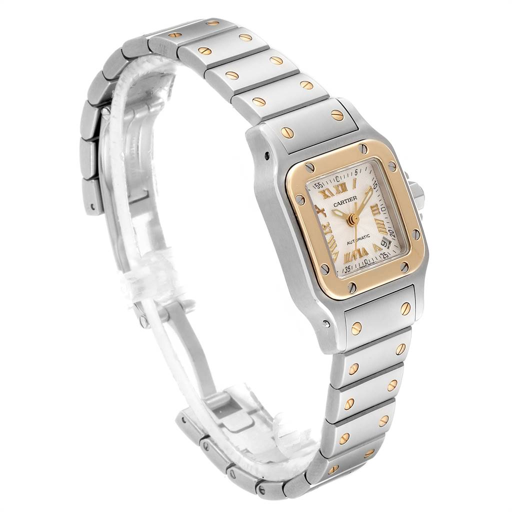 This image shows a side view of a Cartier Santos W20057C4 Women's Stainless Steel Silver Dial W20057C4 Women's Stainless Steel Silver Dial watch, highlighting its two-tone bracelet and rectangular face.