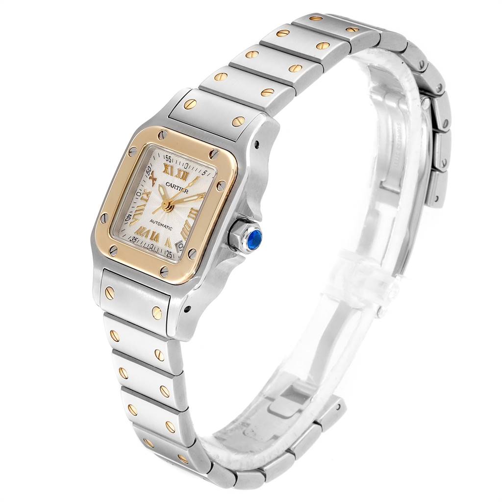 This image shows a Cartier Santos W20057C4 Women's Stainless Steel Silver Dial W20057C4 Women's Stainless Steel Silver Dial watch from a slightly angled front view, highlighting its face, bezel, and band.