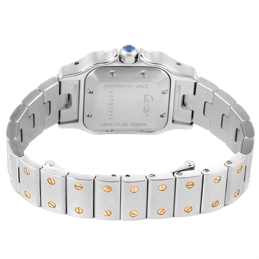 This image shows the backside and part of the bracelet of a Cartier Santos W20057C4 Women's Stainless Steel Silver Dial W20057C4 Women's Stainless Steel Silver Dial watch.