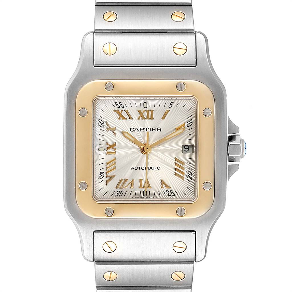 The image shows a frontal view of the Cartier Santos W20058C4 Men's Stainless Steel Silver Dial W20058C4 Men's Stainless Steel Silver Dial model watch, highlighting the dial, bezel, case, and bracelet.