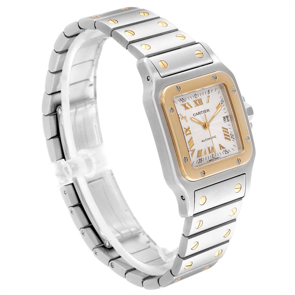 The Cartier Santos W20058C4 Men's Stainless Steel Silver Dial W20058C4 Men's Stainless Steel Silver Dial watch is shown at an angled side view, highlighting its square face, metal bracelet, and gold accents.