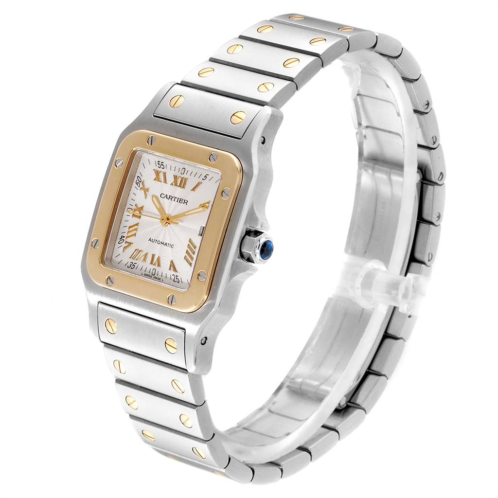 The Cartier Santos W20058C4 Men's Stainless Steel Silver Dial W20058C4 Men's Stainless Steel Silver Dial watch is shown at a three-quarter angle, featuring its face, bezel, crown, and stainless steel bracelet.