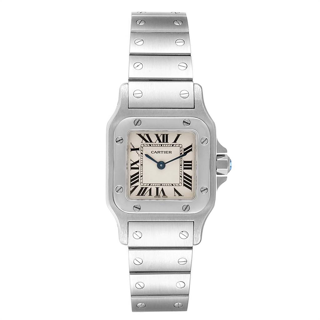 The image shows a front view of the Cartier Santos W20056D6 Women's Stainless Steel Silver Dial W20056D6 Women's Stainless Steel Silver Dial watch, displaying its face and bracelet.