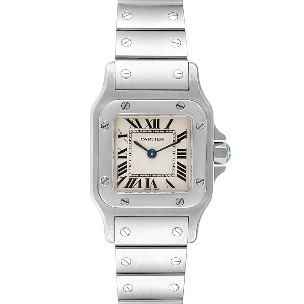 The image shows a front view of a Cartier Santos W20056D6 Women's Stainless Steel Silver Dial W20056D6 Women's Stainless Steel Silver Dial watch, highlighting the face, bezel, and part of the bracelet.