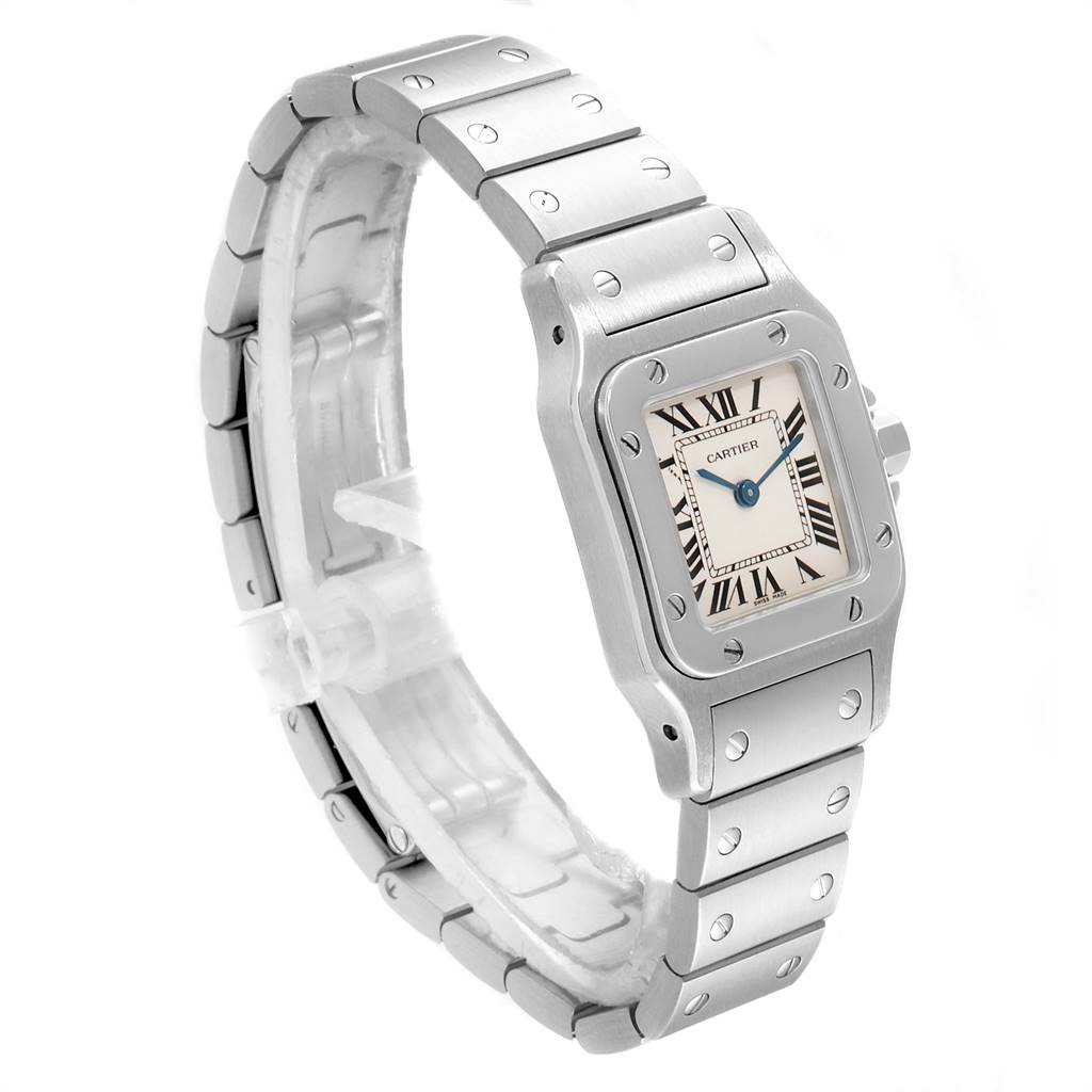 This image shows a Santos model watch by Cartier at a slight angle, highlighting the face, bezel, and bracelet.