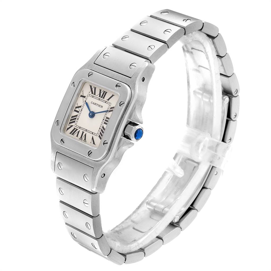 The Cartier Santos W20056D6 Women's Stainless Steel Silver Dial W20056D6 Women's Stainless Steel Silver Dial watch is shown at a three-quarter angle, displaying the face, bezel, and bracelet.