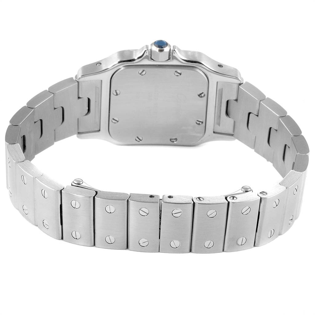 The image shows the back view of a Cartier Santos W20056D6 Women's Stainless Steel Silver Dial W20056D6 Women's Stainless Steel Silver Dial watch, highlighting its stainless steel case and bracelet.