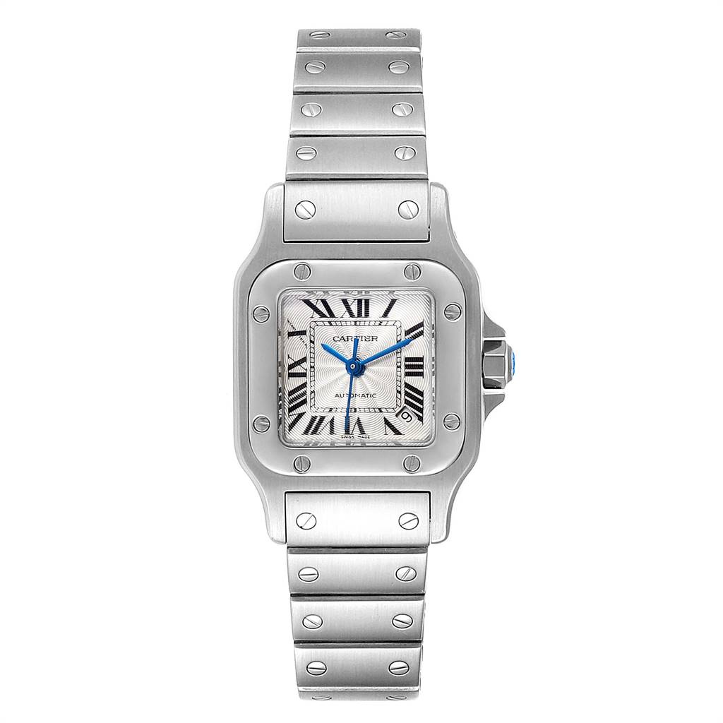 This is a front view of the Cartier Santos W20044D6 Women's Stainless Steel Silver Dial W20044D6 Women's Stainless Steel Silver Dial watch, showing the face, bezel, and bracelet with visible screws.