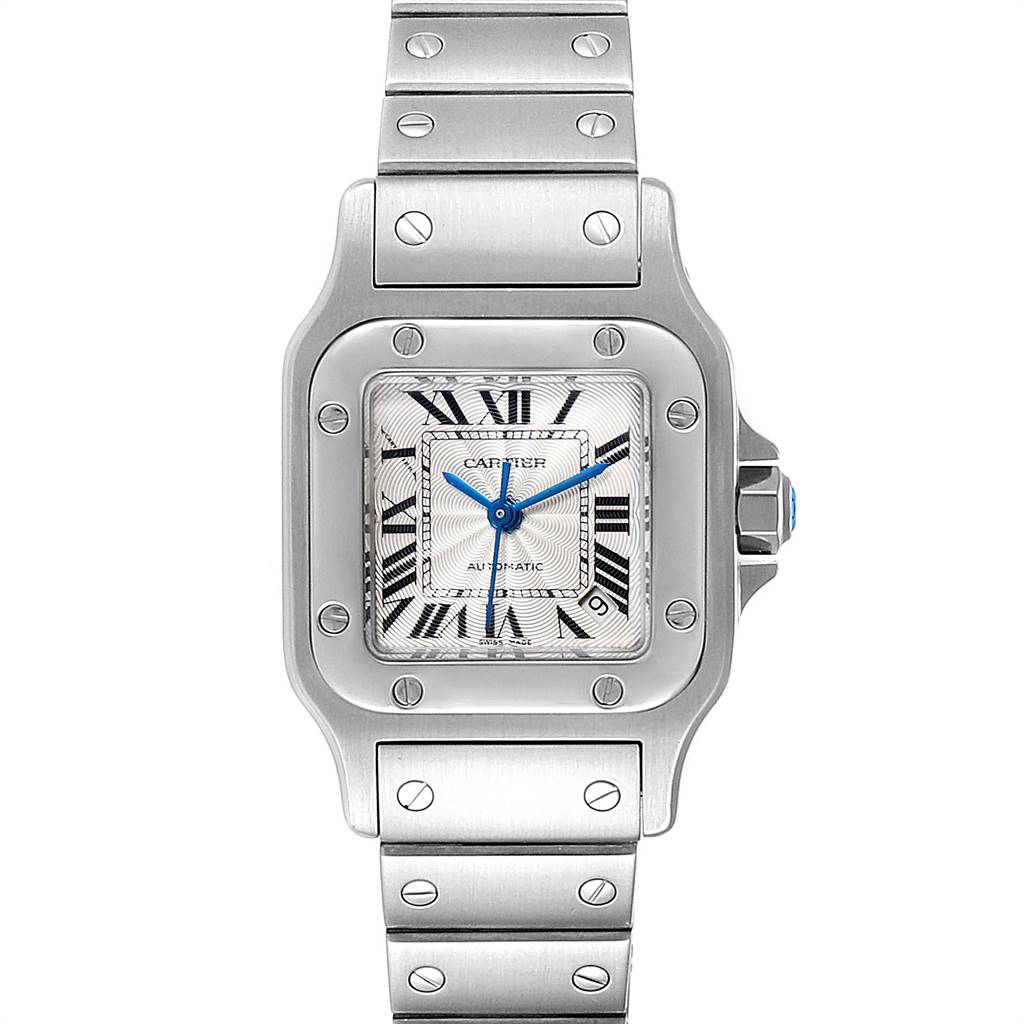 The image shows a frontal view of the Santos model by Cartier, featuring the watch face, bezel, and bracelet.