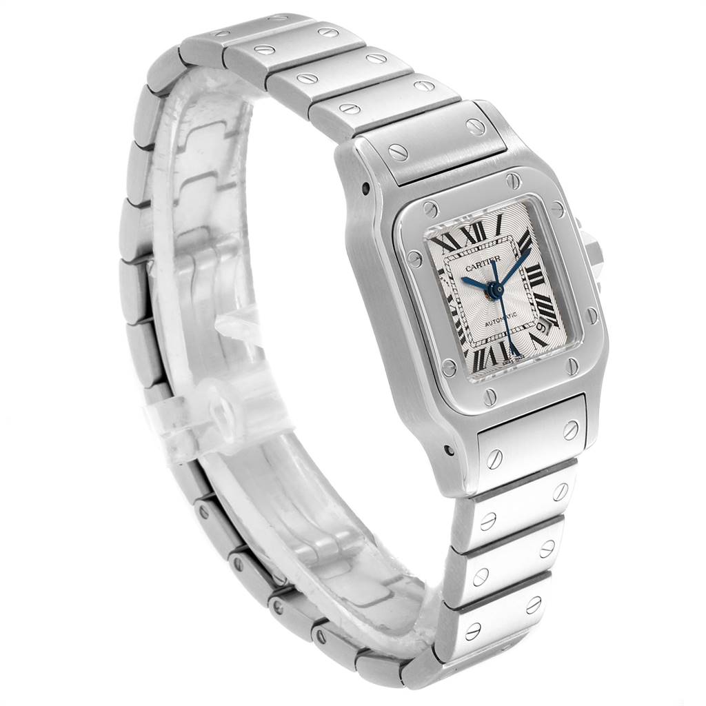 The Cartier Santos W20044D6 Women's Stainless Steel Silver Dial W20044D6 Women's Stainless Steel Silver Dial watch is shown at a side angle, highlighting the square bezel, Roman numeral dial, and metal bracelet.