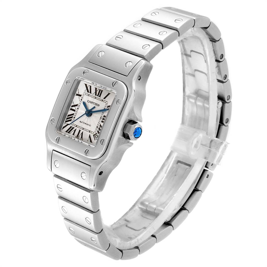 The Santos model by Cartier is shown at an angled side view, displaying the face, bezel, crown, and bracelet.