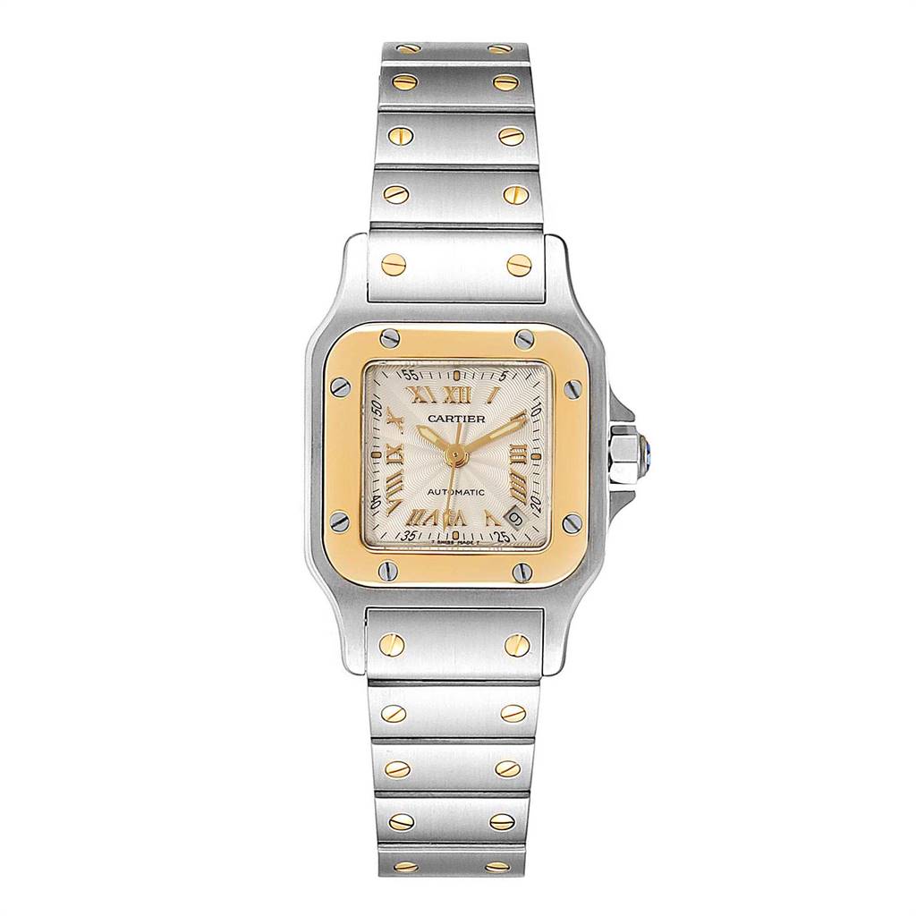 The image shows a frontal view of a Santos de Cartier watch, displaying its square bezel, dial, and metal bracelet.