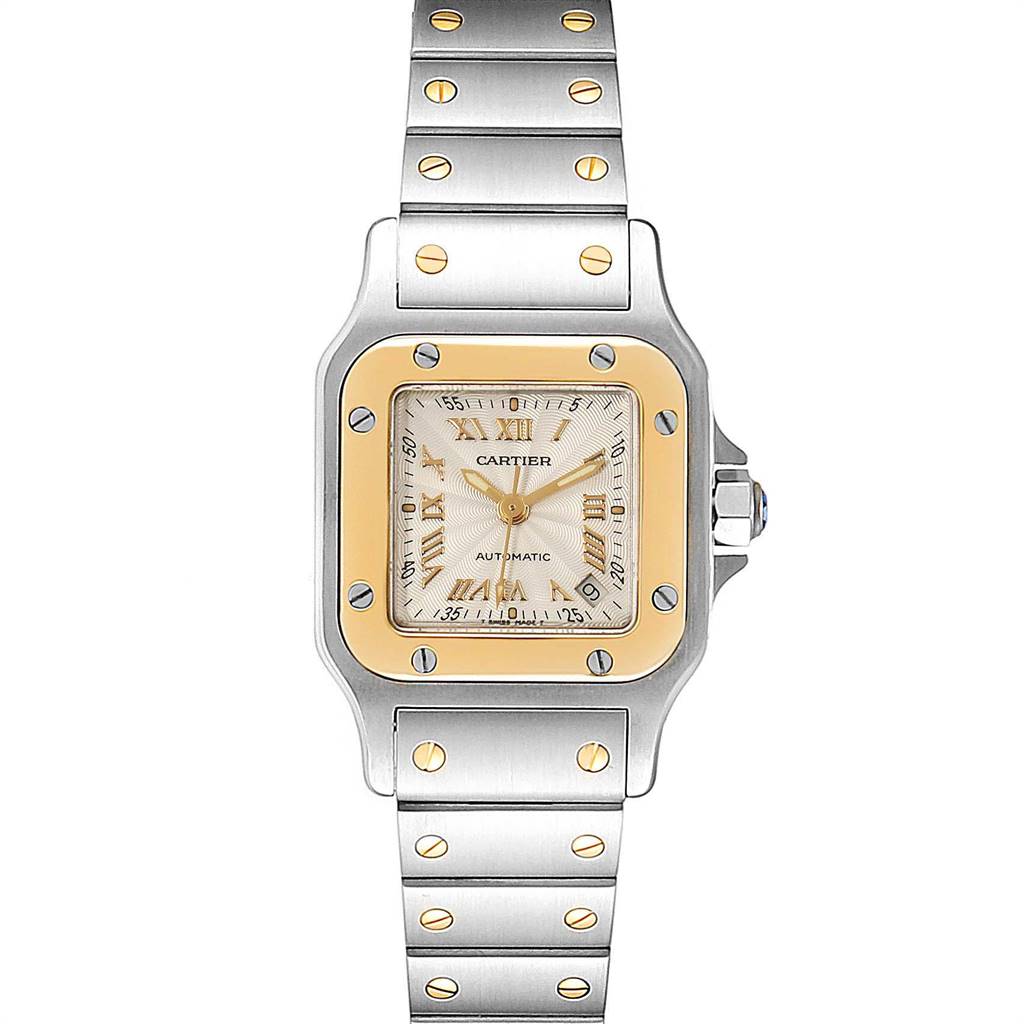 This image shows a frontal view of a Cartier Santos W20057C4 Women's Stainless Steel Silver Dial W20057C4 Women's Stainless Steel Silver Dial model watch, displaying the face, bezel, band, and crown.