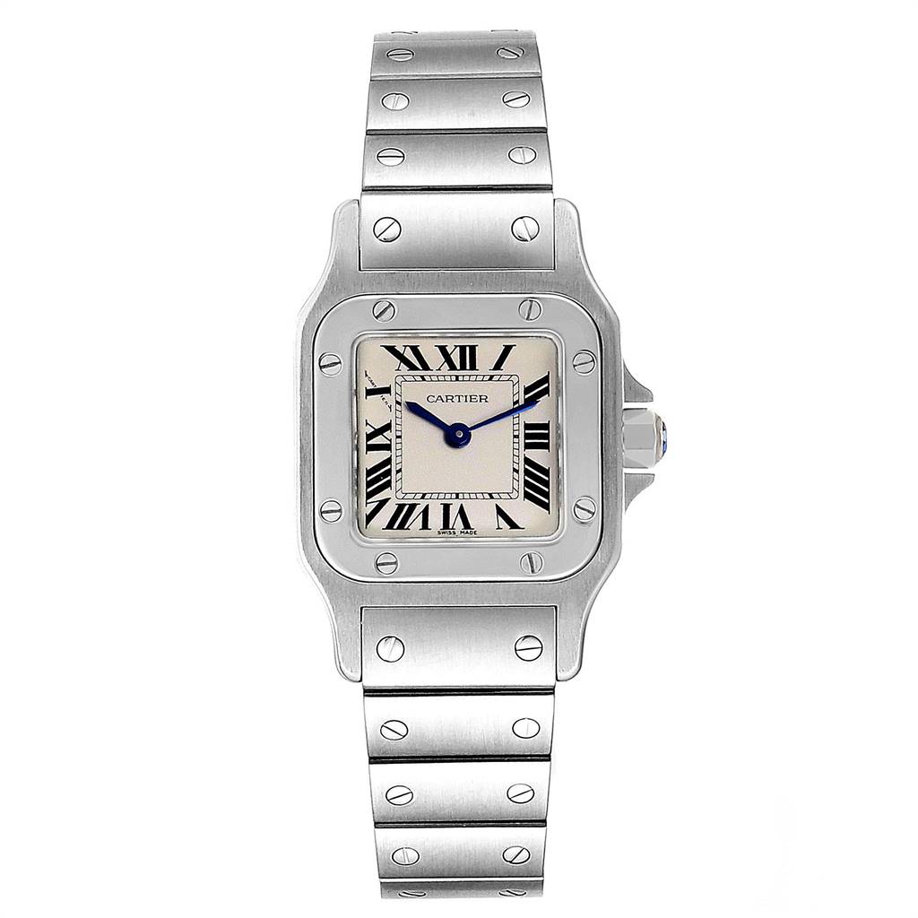The image shows a frontal view of the Cartier Santos W20056D6 Women's Stainless Steel Silver Dial W20056D6 Women's Stainless Steel Silver Dial watch, highlighting its face, bezel, and metal strap.