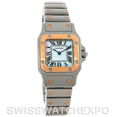 The image shows a frontal view of a Cartier Santos W20012C4 Women's Stainless Steel Mother of Pearl Dial W20012C4 Women's Stainless Steel Mother of Pearl Dial watch, highlighting the face, bezel, and bracelet.