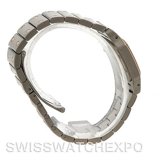 This image shows a side view of the bracelet and side of the case of a Cartier Santos W20012C4 Women's Stainless Steel Mother of Pearl Dial W20012C4 Women's Stainless Steel Mother of Pearl Dial watch.